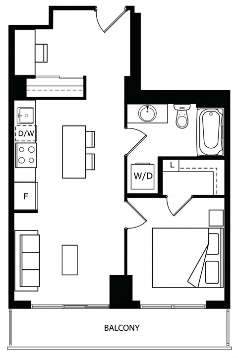 Floor plan for 1 bed, 1 bath, 553 sqft